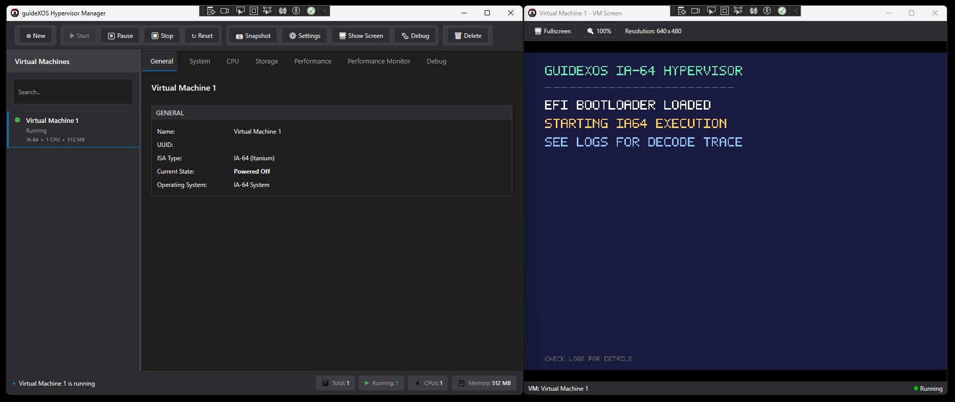 The guideXOS Hypervisor Manager beside an active IA-64 virtual machine screen