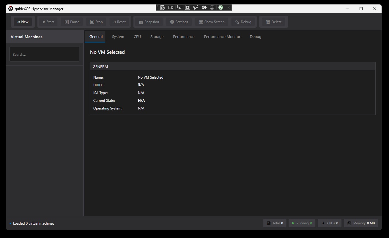 guideXOS Hypervisor Manager graphical virtual-machine interface